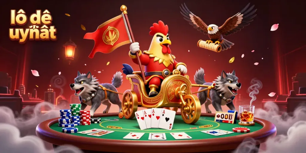 Engage in action with the dynamic lô đề uy tín scene featuring a rooster warlord and poker elements.