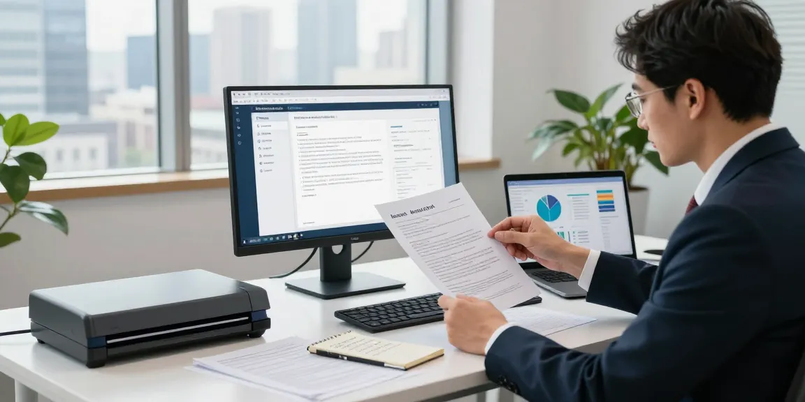 Data analyst using software for document fraud detection in a modern office.
