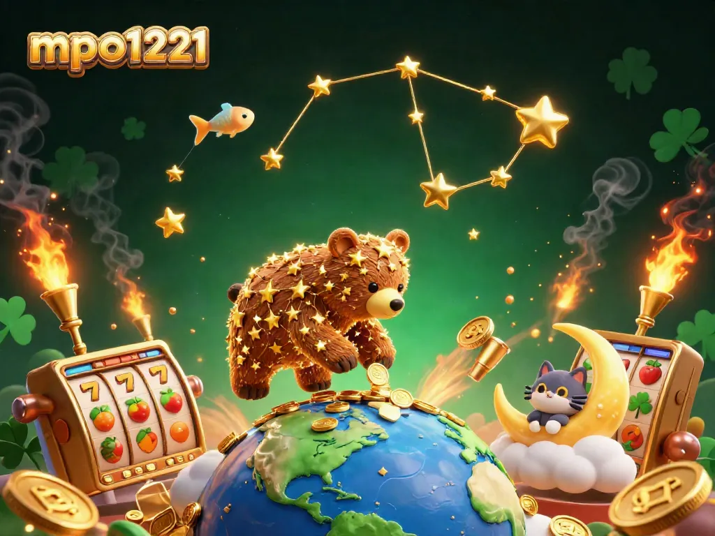 Experience the thrill of mpo1221 as the constellation bear scoops coins in a vibrant casino scene.