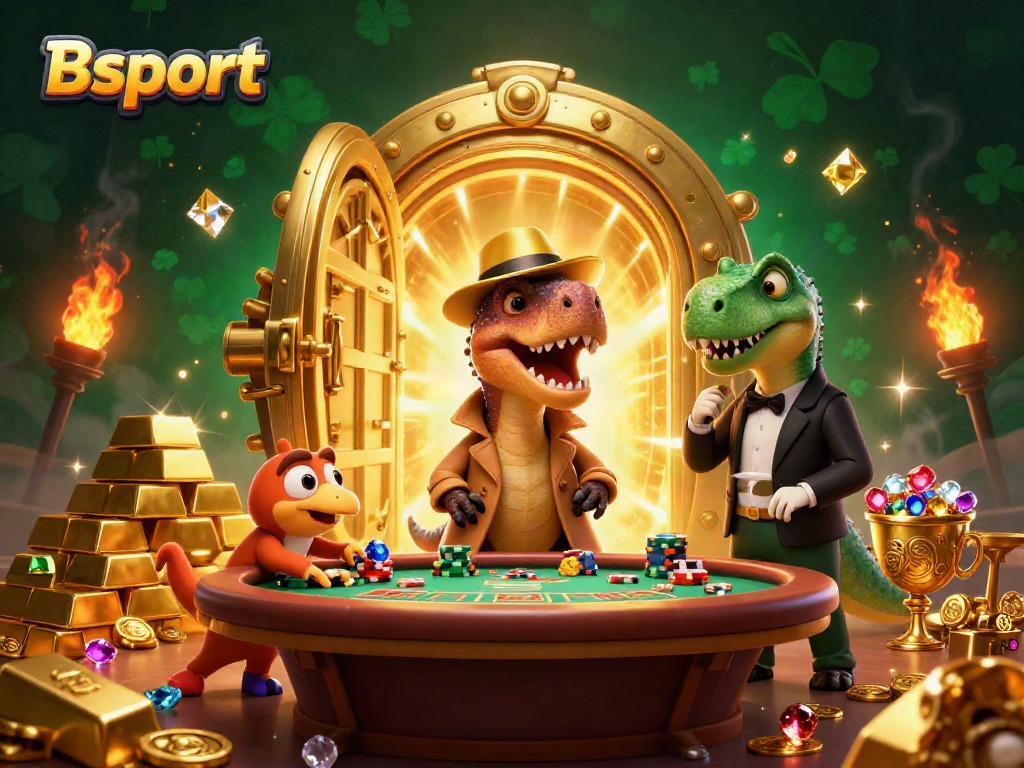 Experience Bsport's vibrant gaming world with a 3D velociraptor card counter at a blackjack table.