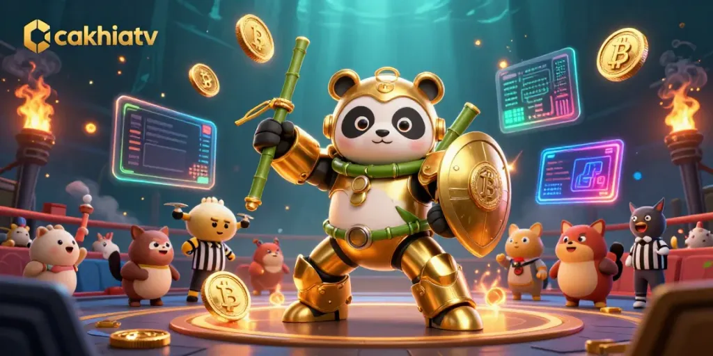 CakhiaTV offers immersive visuals as a mech-suited panda engages in dynamic gambling-themed action.