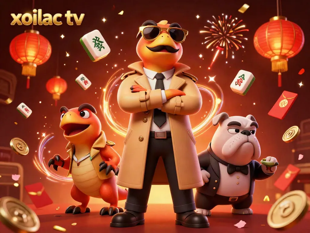 Xoilac TV entertainment with raptors in a trench coat entering a casino, showcasing vibrant gaming elements.