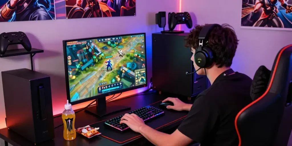 Gamer immersed in QQMacan action with vivid visuals and intense focus