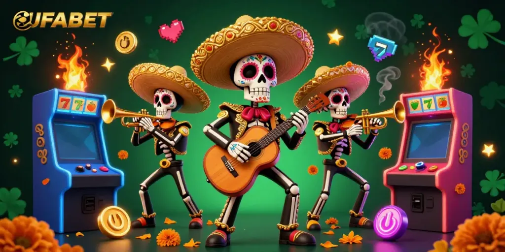 Experience thrilling gameplay at UFABET with vibrant cartoon Mariachis, slot machines, and jackpot excitement.