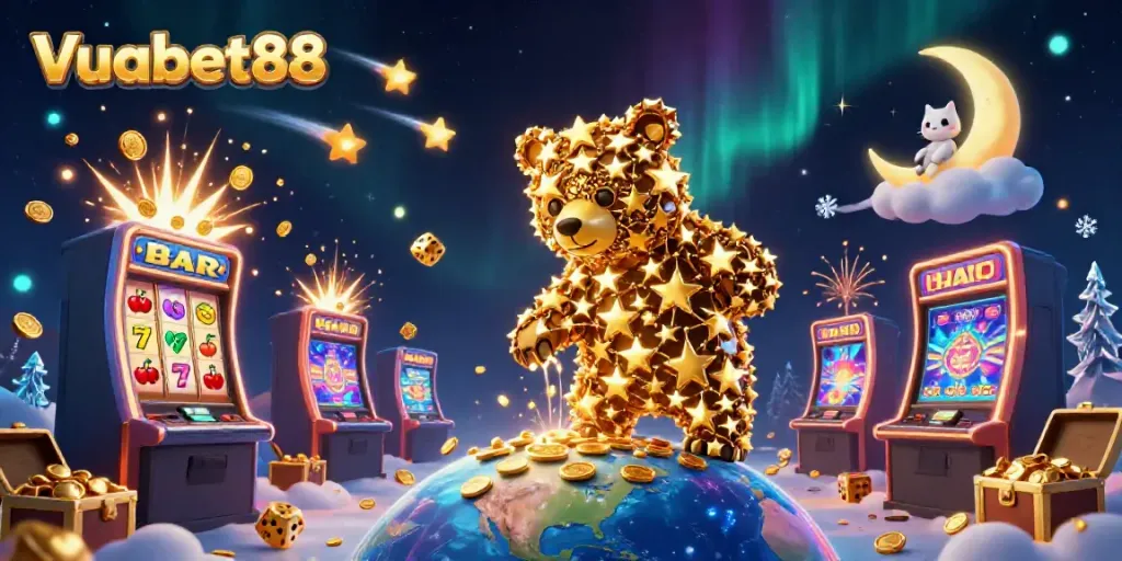 Experience the excitement of Vuabet88 with a captivating cartoon scene featuring stars, coins, and dynamic casino elements.