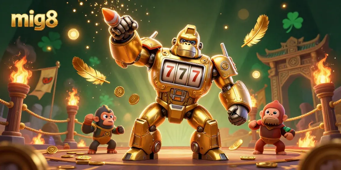 Engage in thrilling jackpots with the dynamic 3D gorilla mech at mig8, showcasing excitement and winning energy.