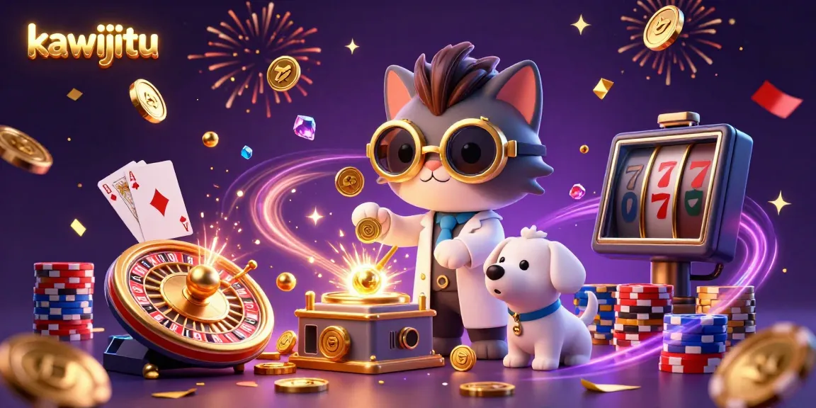 Experience excitement with kawijitu's vibrant 3D casino scene featuring golden coins and spinning roulette.