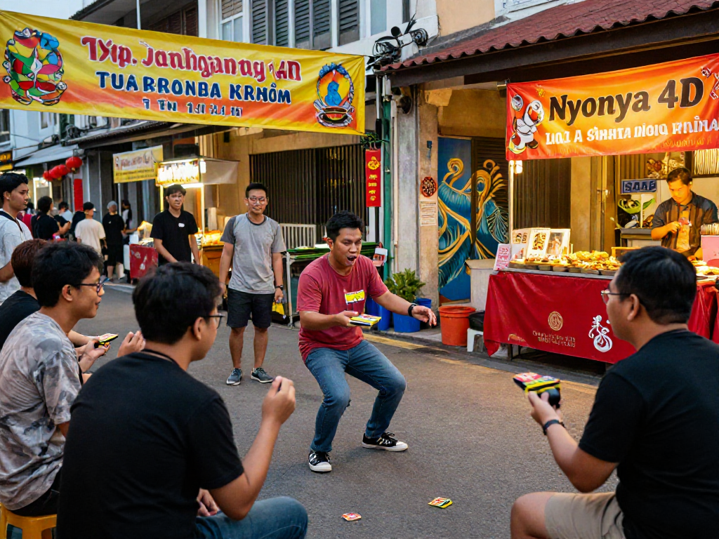 Friends joyfully playing Nyonya 4D in a colorful urban setting, showcasing cultural elements and vibrant street life.