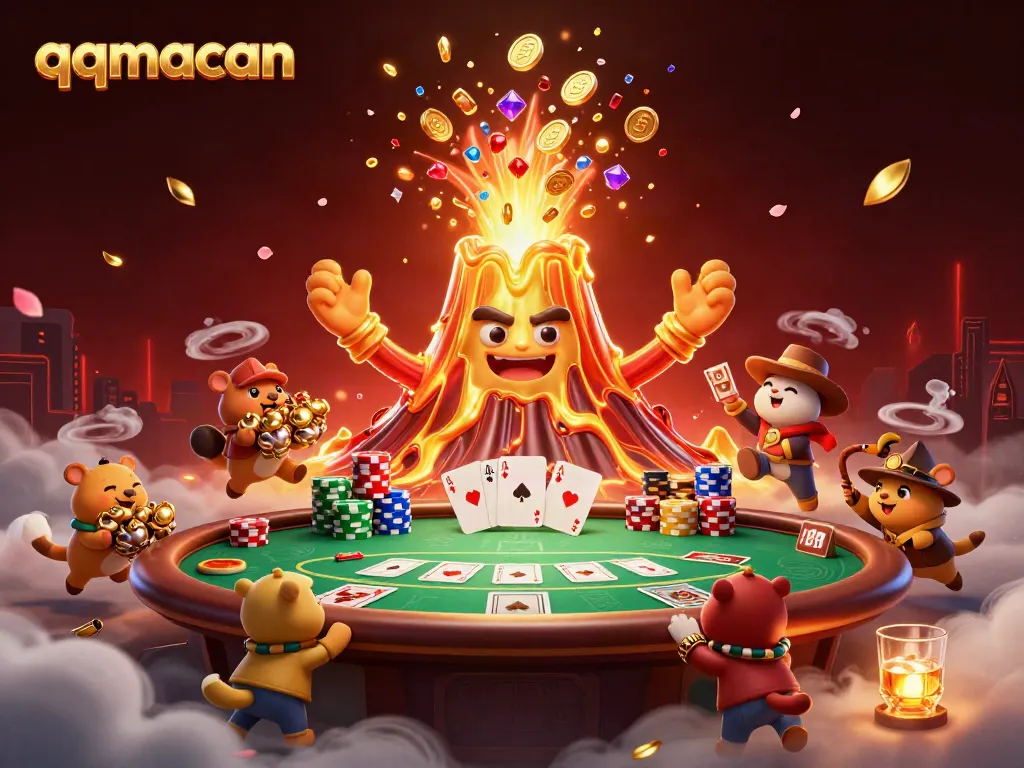 Win exciting rewards at qqmacan with a golden volcano showering coins amidst a vibrant casino scene.