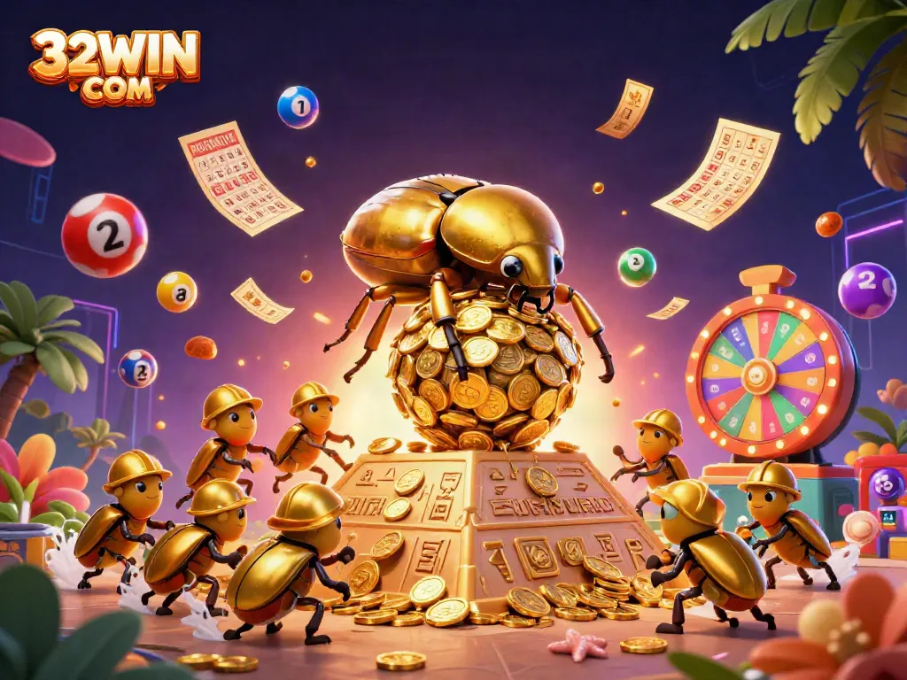 Experience the vibrant world of 32WIN COM with dynamic lottery activities and casino elements.