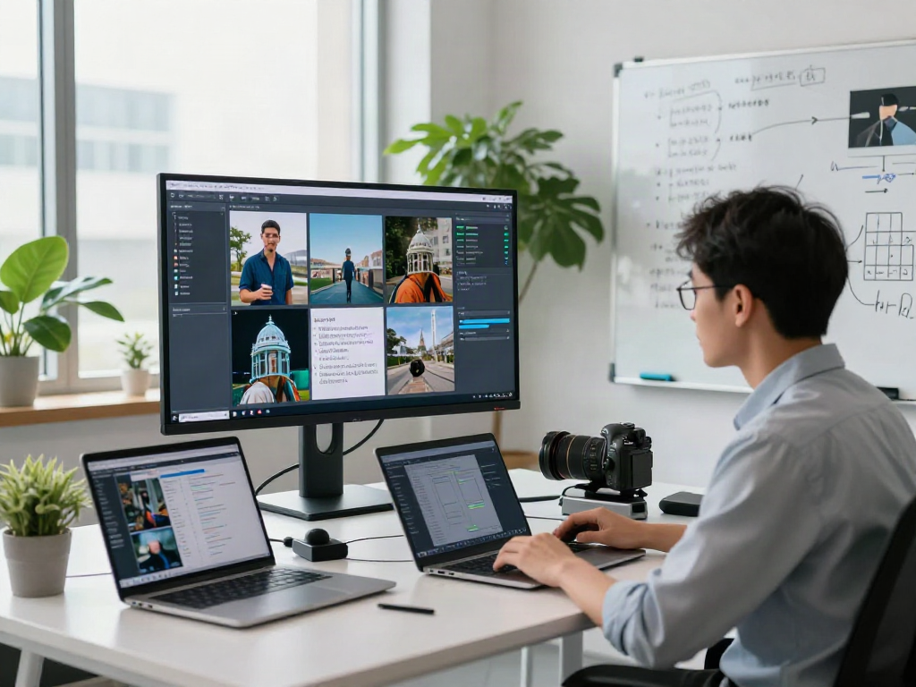 Data scientist demonstrating AI image detection technology in a modern office.