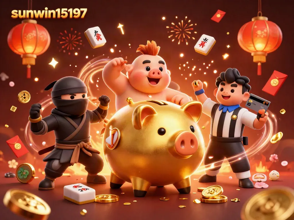 Experience thrilling gameplay with sunwin15197, featuring action-packed 3D casino characters amidst vibrant elements.