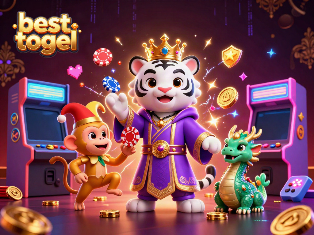 Main karakter besttogel, harimau putih dan monyet emas bermain di kasino yang penuh warna.