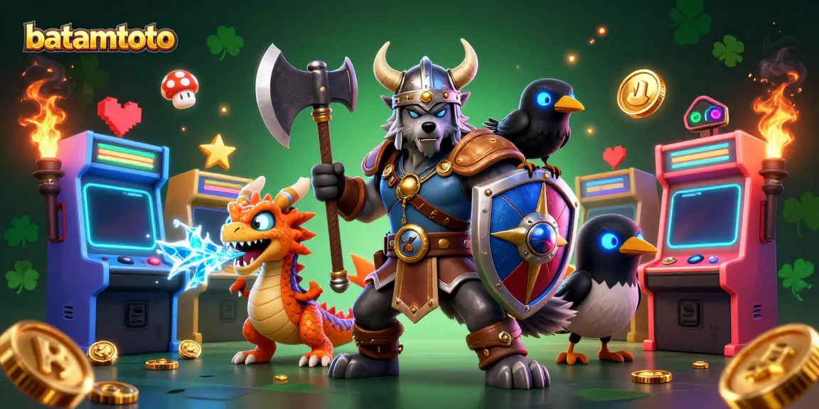 Experience batamtoto with a vibrant illustration of a Viking wolf warrior and gaming elements.