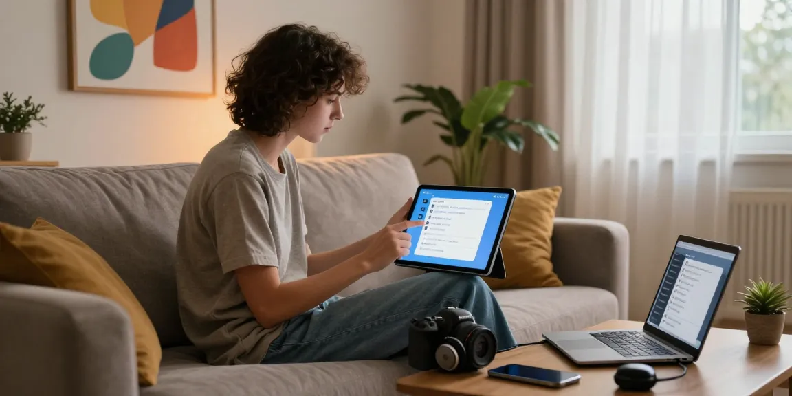 AI chat nsfw interaction in a cozy urban apartment with a person engaging with a virtual assistant on a tablet.
