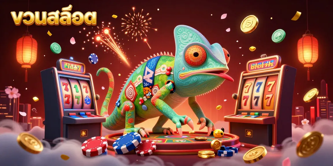 Exciting illustration for รวมสล็อต featuring a chameleon casino owner amidst dynamic slots and gaming elements.