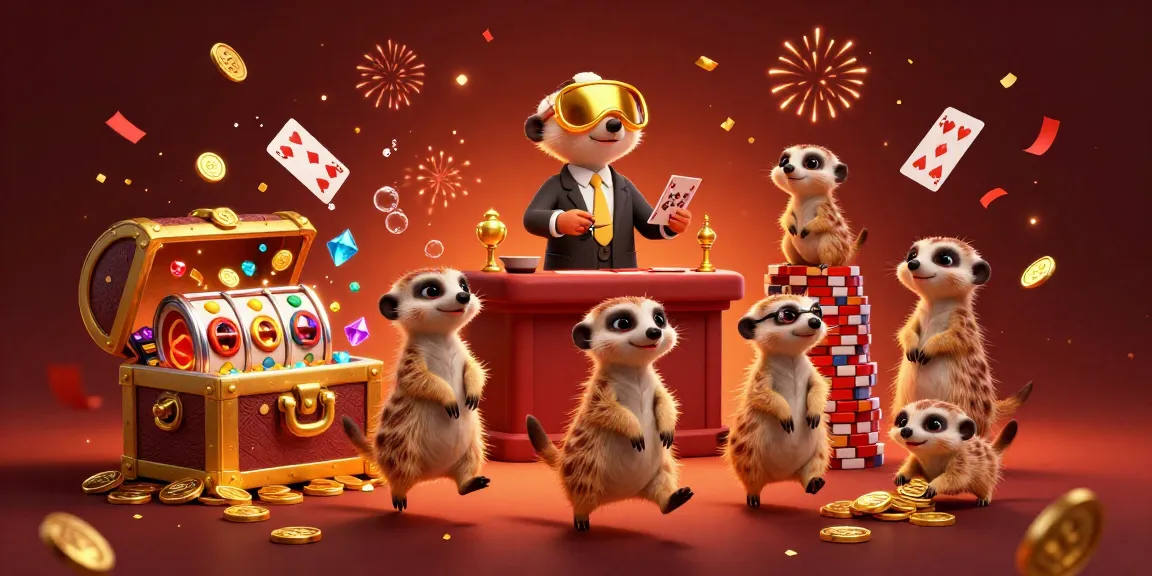 Slot yang menghebohkan pada kasino di mana meerkat bermain dan mengawasi, penuh chip dan kegembiraan.