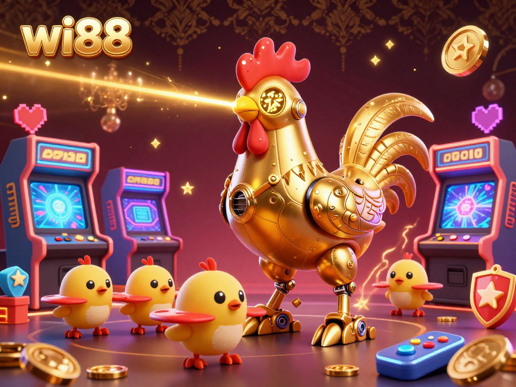Experience thrilling games and bright jackpots at wi88 with retro-futuristic characters and vibrant casino elements.