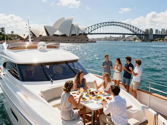 Private boat hire Sydney featuring a luxury yacht with guests enjoying a serene day on Sydney Harbour.