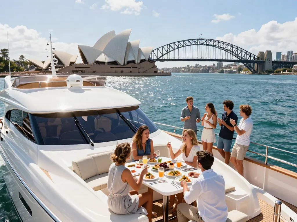 Private boat hire Sydney featuring a luxury yacht with guests enjoying a serene day on Sydney Harbour.