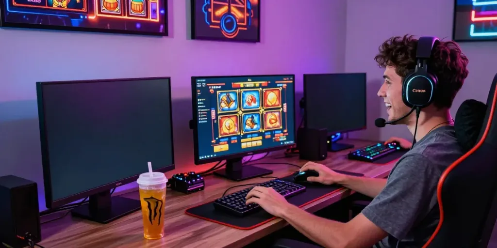 Exciting gaming scene showcasing a player enjoying PESGSLOT with vibrant graphics and immersive setup.