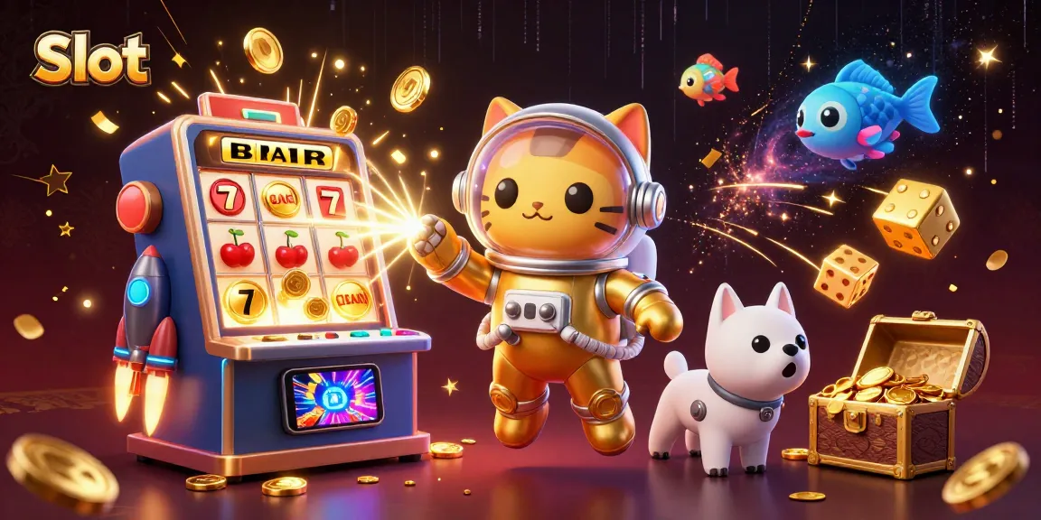 Spin the Slot machine with an astronaut cat, exploding coins, and vibrant casino elements in a galactic scene.