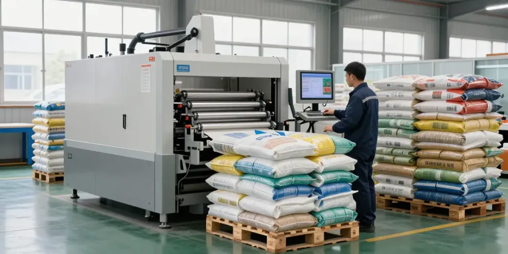 Automatic bag palletizer machine efficiently stacking bags in a modern factory environment.