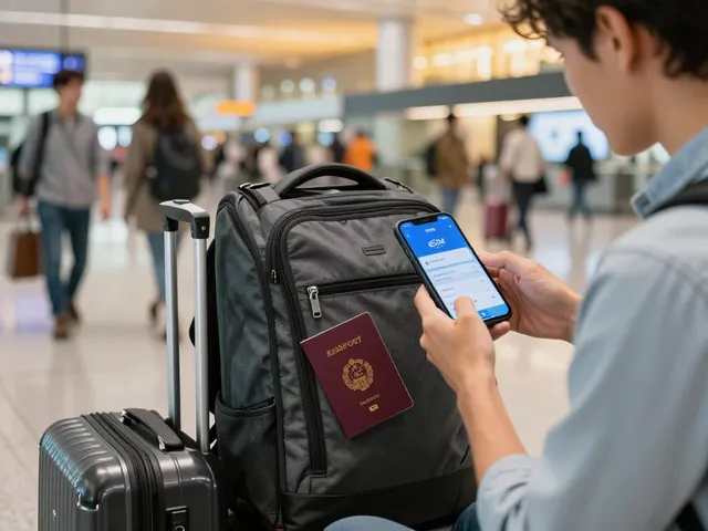 eSIM לחו"ל - מטייל משתמש בטלפון חכם לבדוק אפשרויות eSIM בשדה תעופה מתמקד בנסיעה בינלאומית