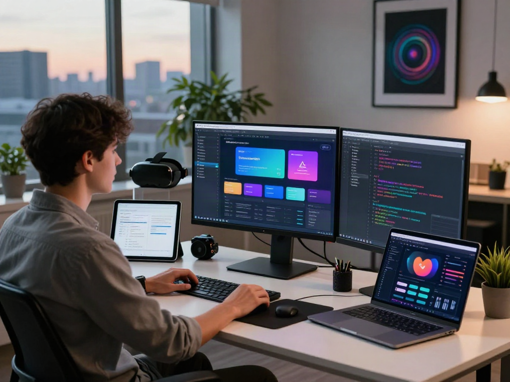 Engaging workspace showcasing pikashow apk development with multiple screens and tech gadgets.