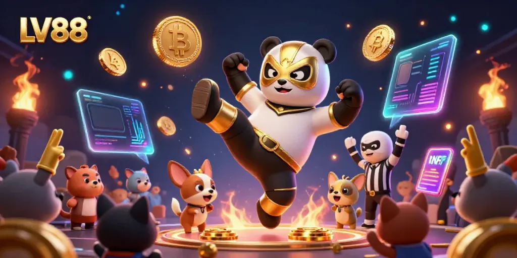 Engage with LV88 gaming excitement as a panda wrestler kicks off a vibrant casino scene.