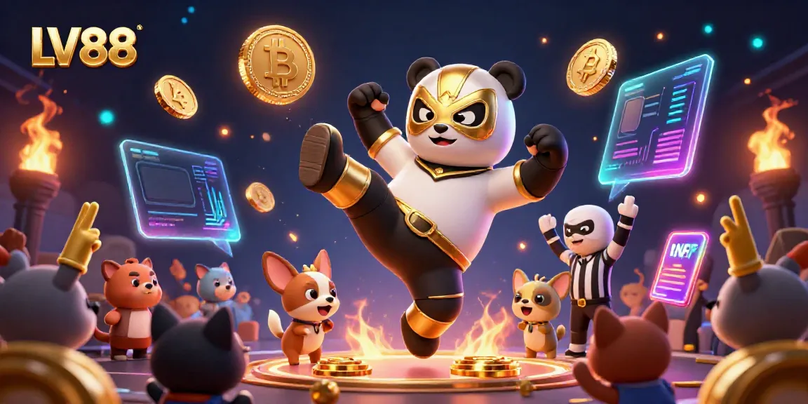 Engage with LV88 gaming excitement as a panda wrestler kicks off a vibrant casino scene.