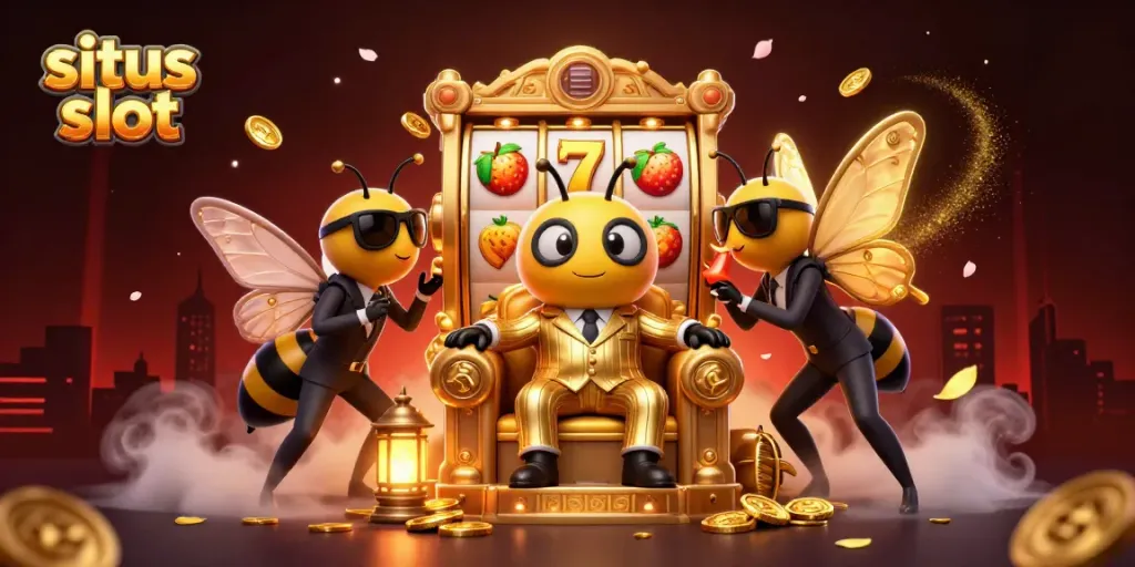 Engage in situs slot excitement with a bumblebee mob boss, wasp bodyguards, and fruit symbols in a dynamic scene.