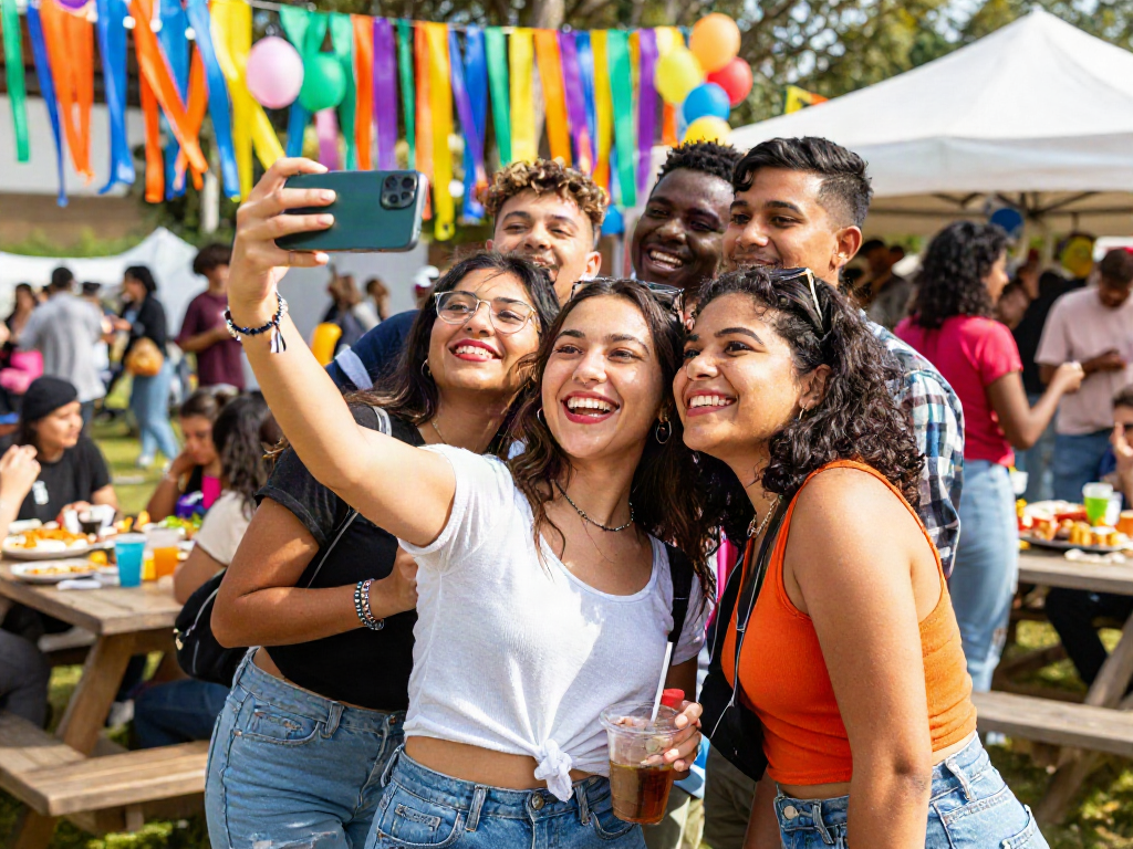 Group of friends enjoying a festival, capturing moments to find out how old do I look.
