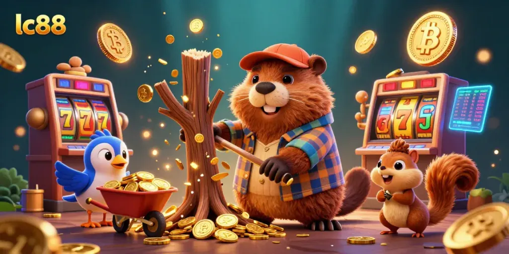 Play slots with lc88, featuring a beaver collecting golden coins from a jackpot tree.