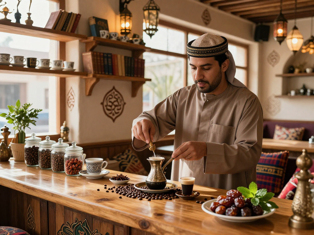 قهوجي يعد القهوة العربية التقليدية في مقهى ريفي بتصميم جذاب