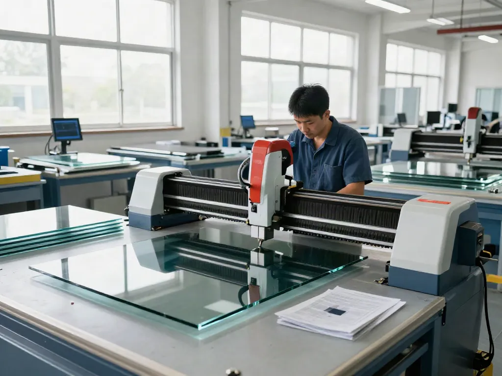 Skilled technician operating advanced glass cutting machinery at a leading glass cutting machine manufacturer