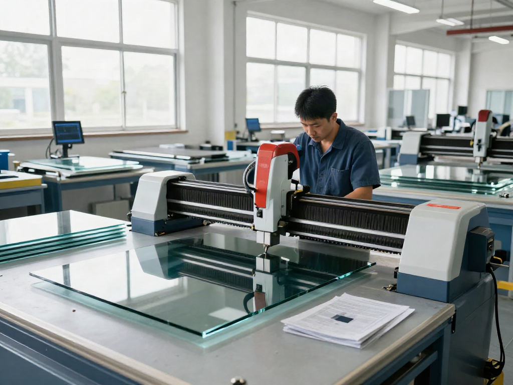 Skilled technician operating advanced glass cutting machinery at a leading glass cutting machine manufacturer