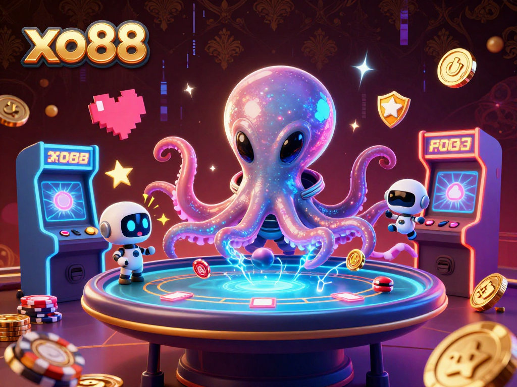 Engage in exciting games of poker at xo88 with an alien octopus and robot surrounded by colorful arcade elements.