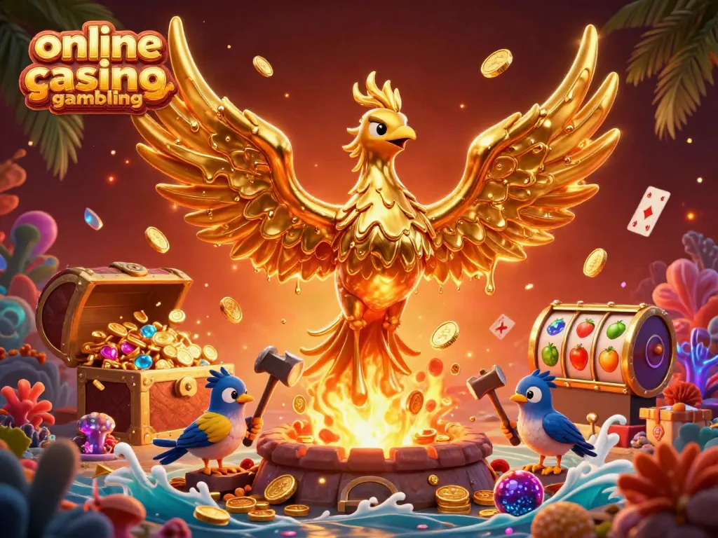 Experience online casino gambling with a molten golden phoenix and dynamic gaming elements.
