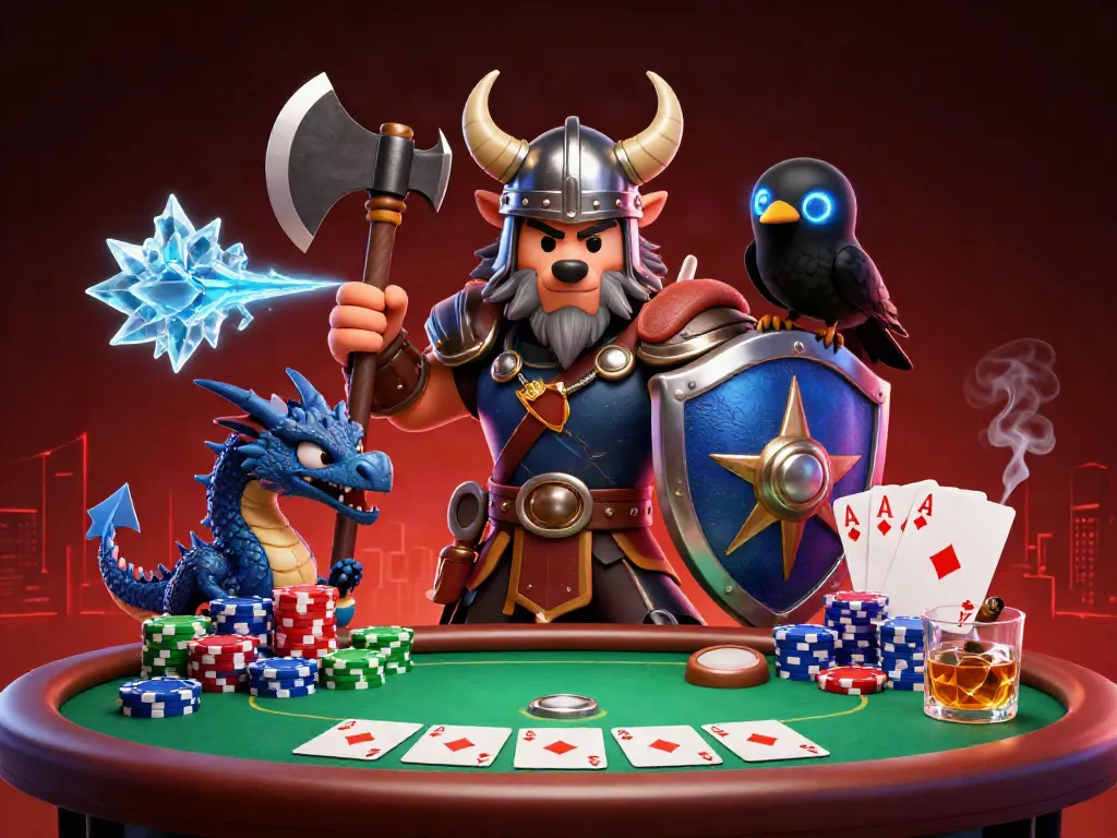 Experience the thrill at klimaalliansen with a Viking warrior, fierce dragon, and poker setup in a vibrant casino scene.