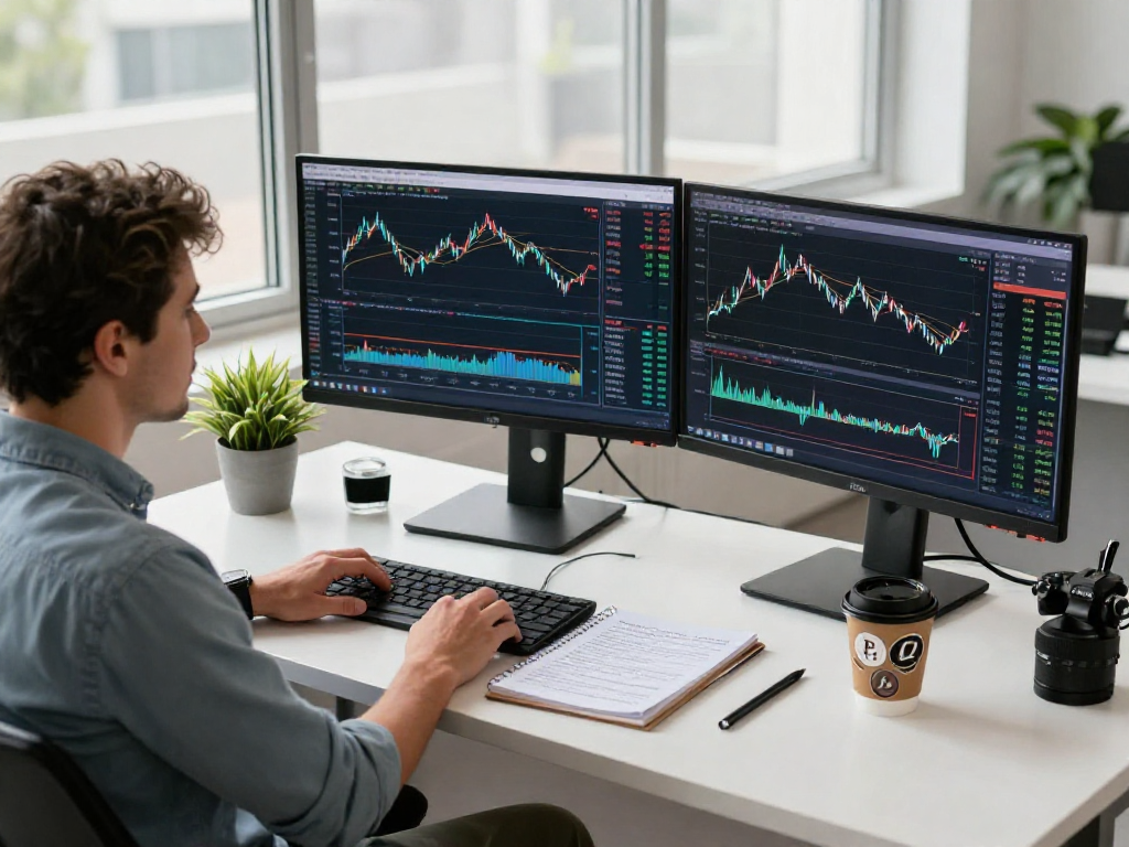 实时行情分析的交易员在桌上使用TradingView，展现股票、外汇和加密货币数据。