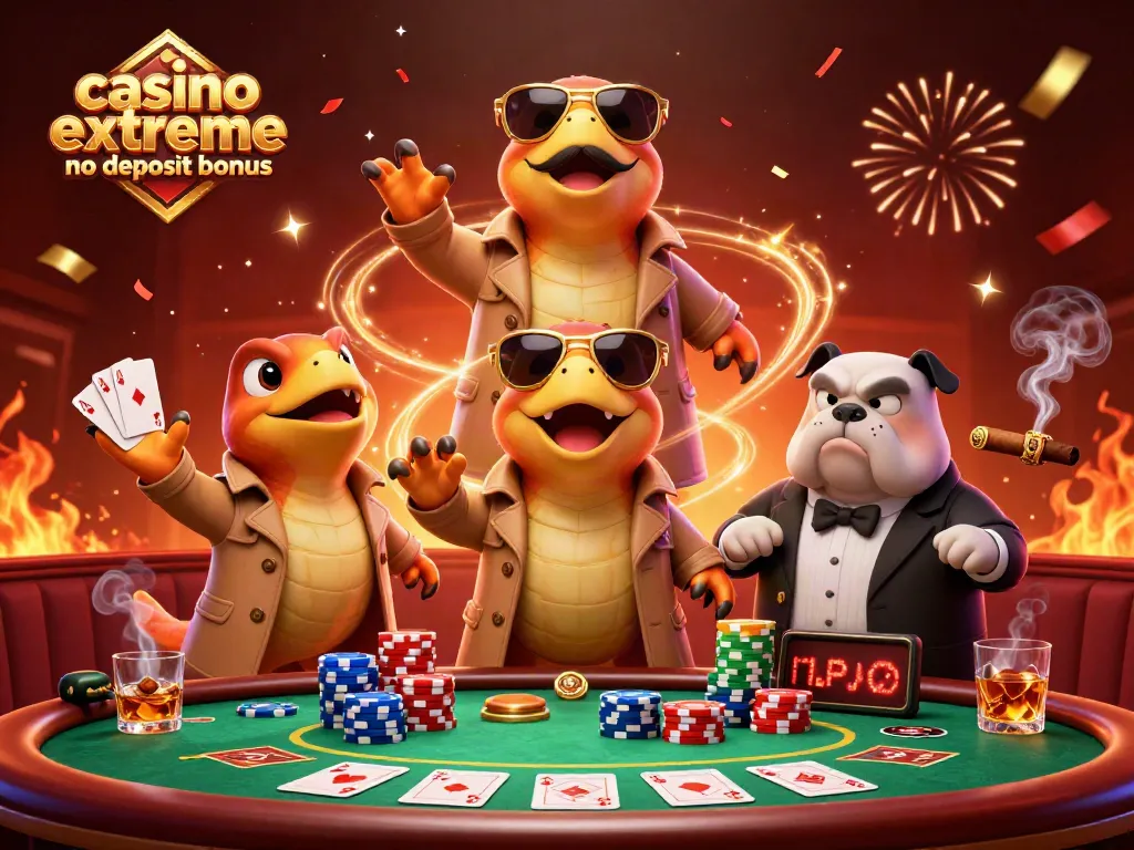 Spin and win with casino extreme no deposit bonus offers; raptors in a trench coat enter a casino.