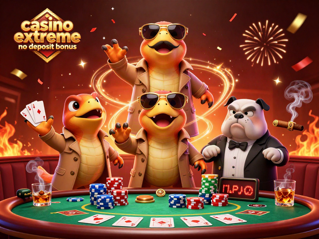 Spin and win with casino extreme no deposit bonus offers; raptors in a trench coat enter a casino.
