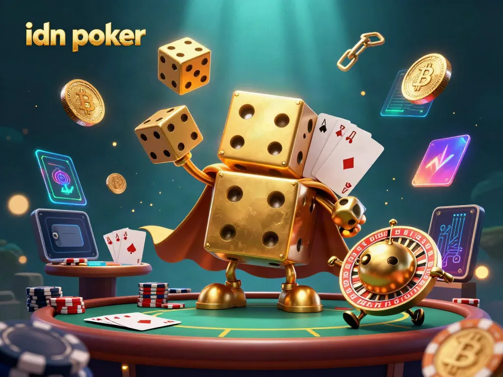 Engage with idn poker through lively gaming scenes featuring golden dice and poker chips.
