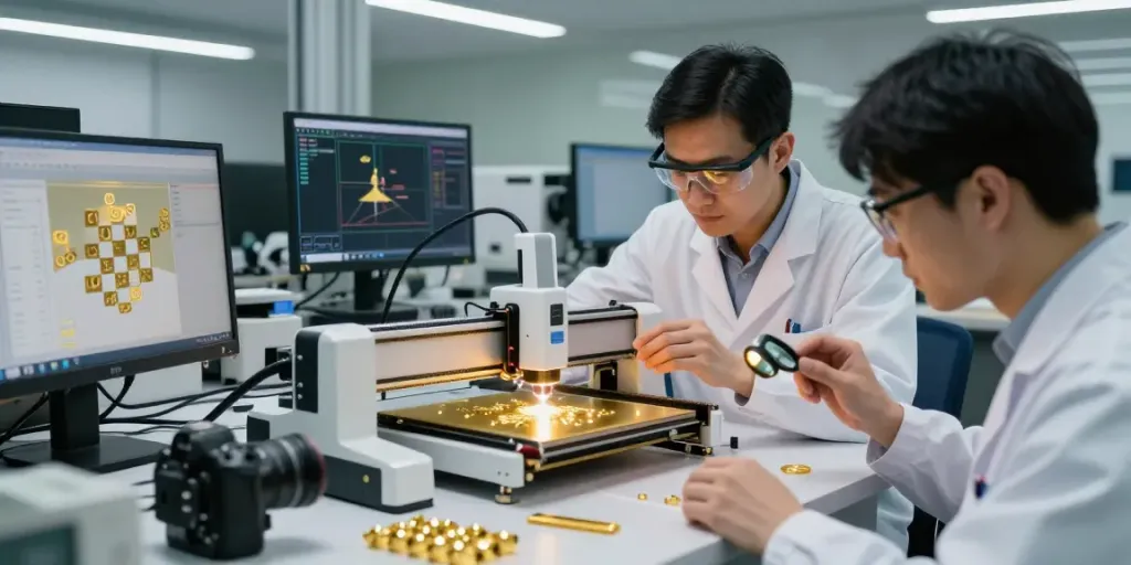 Pengrajin emas dan teknisi berkumpul di workshop laser emas emas88 untuk menciptakan desain baru.