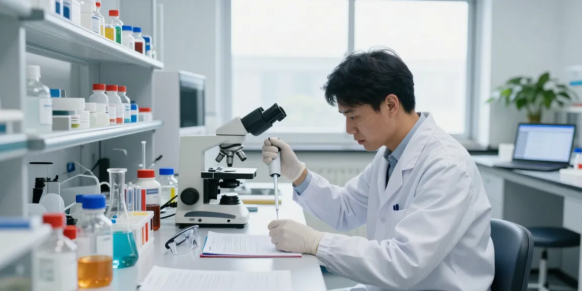 Scientist at https://summitresearchsupply.com conducting research in a modern laboratory with colorful reagents and advanced equipment.