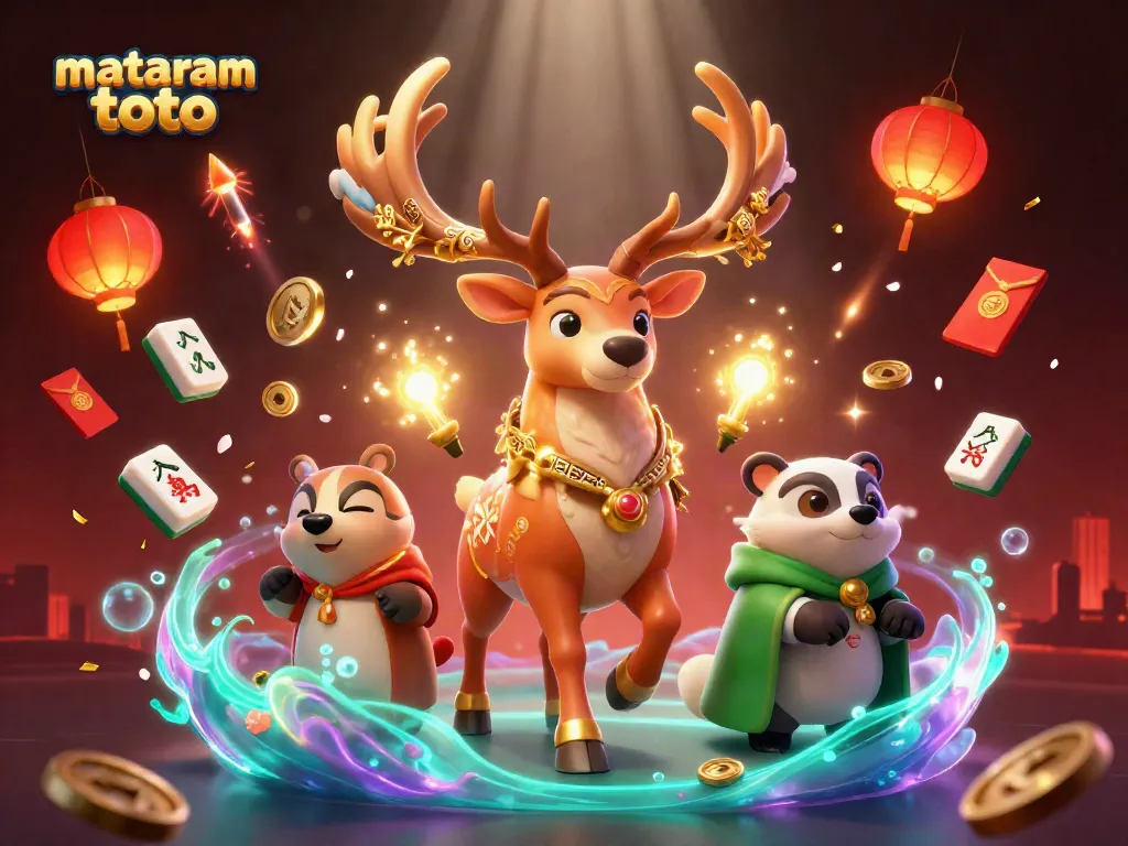 Experience the thrill of mataram toto with vibrant slots and charming 3D characters in a dynamic casino scene.