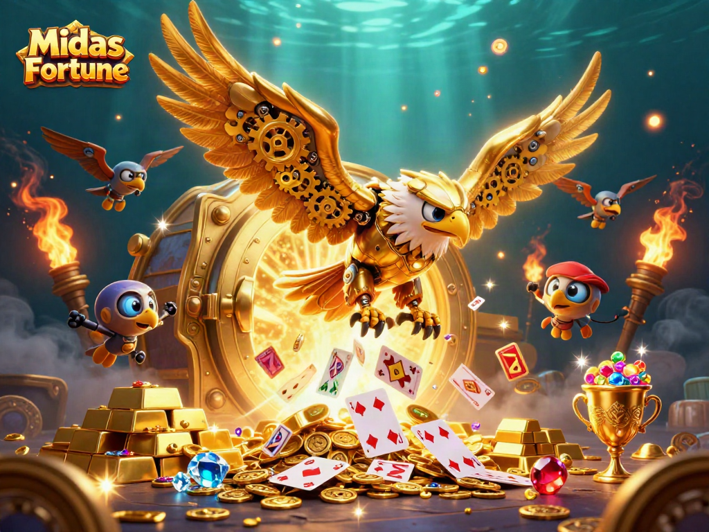 Experience Midas Fortune slot game with golden eagle diving through holographic cards and treasures.