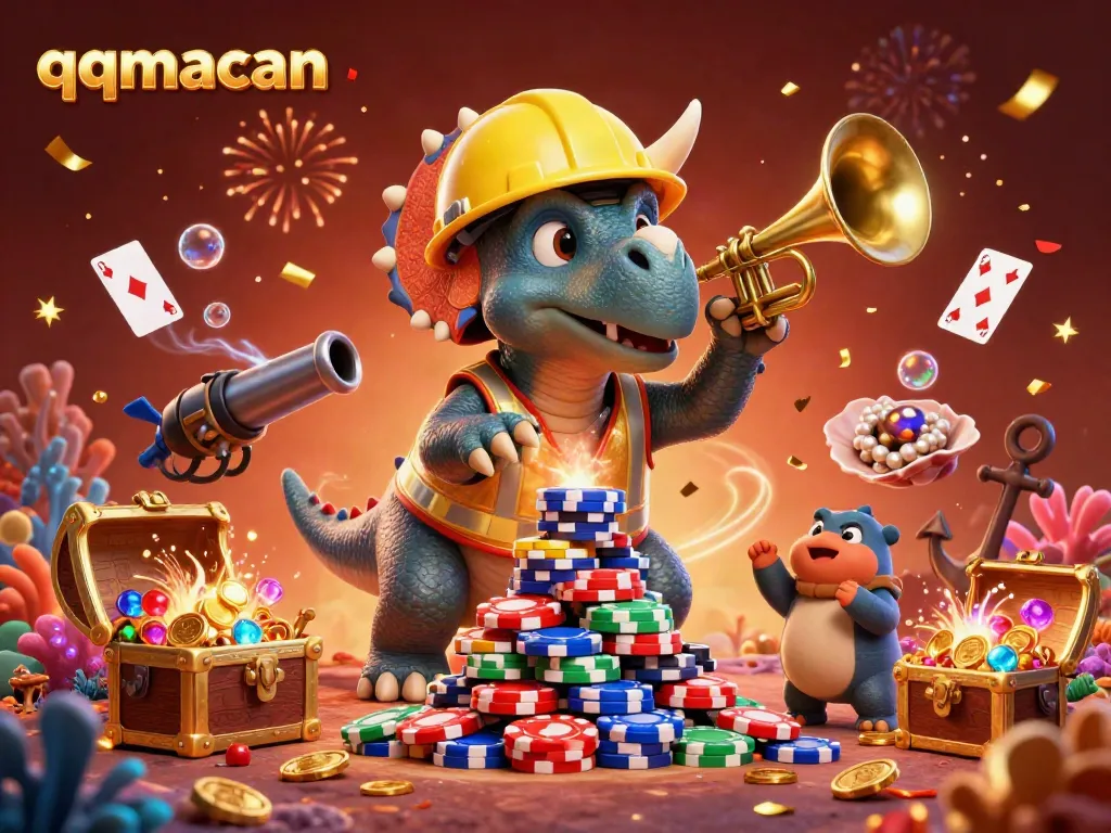 Celebrate gaming with qqmacan as a triceratops constructs poker chips surrounded by vibrant casino elements.