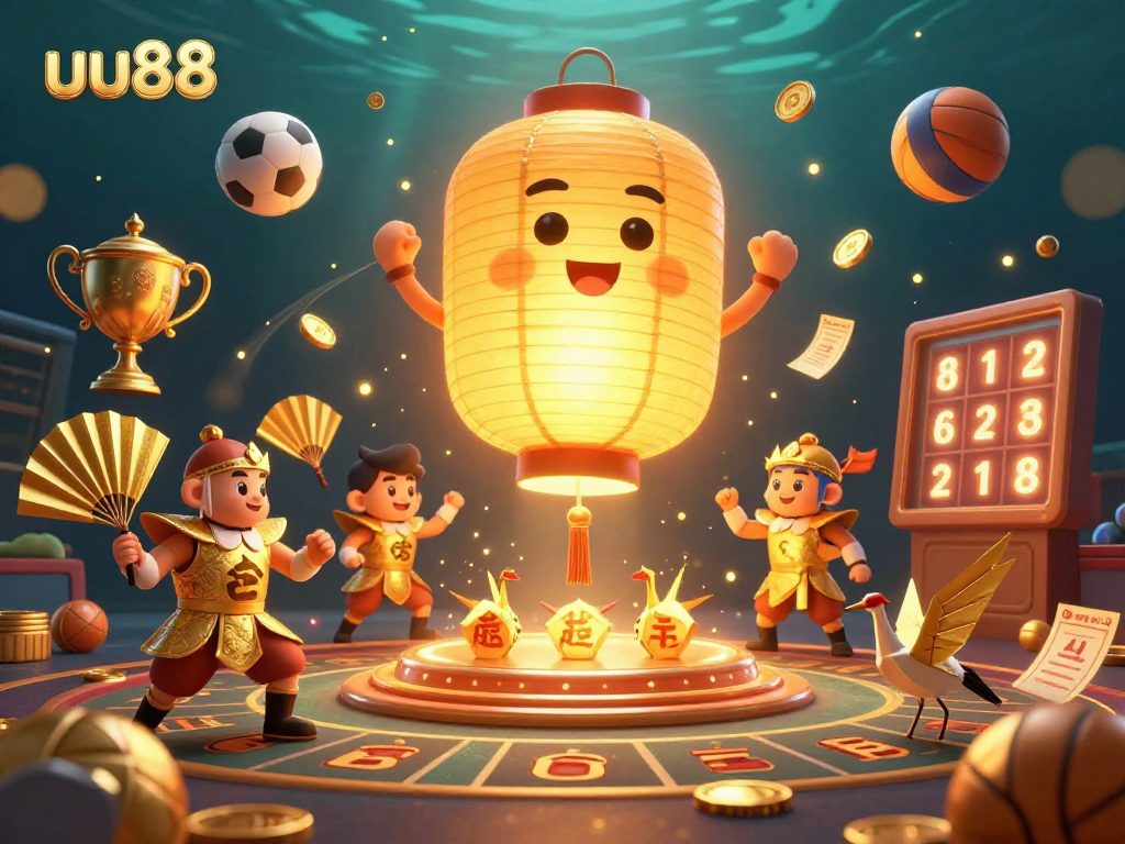 Witness the vibrant uu88 casino scene with a golden lantern spirit amidst dynamic sports elements.